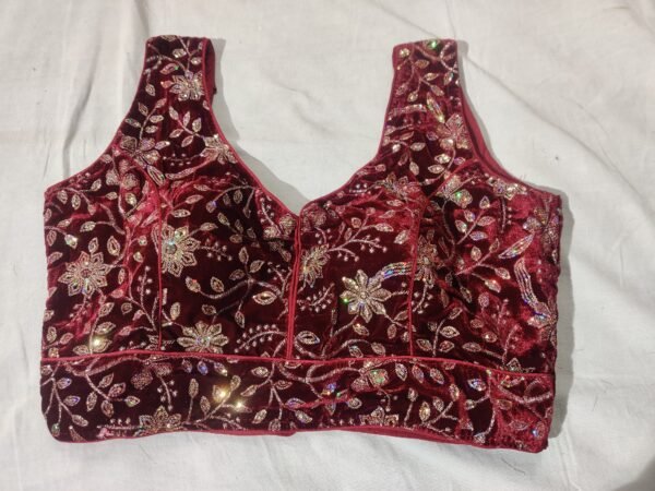 Maroon Shade Velvet Blouse with Sequins Embroidery with Optional Short Sleeves View 1