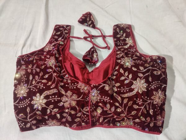 Maroon Shade Velvet Blouse with Sequins Embroidery with Optional Short Sleeves View 2