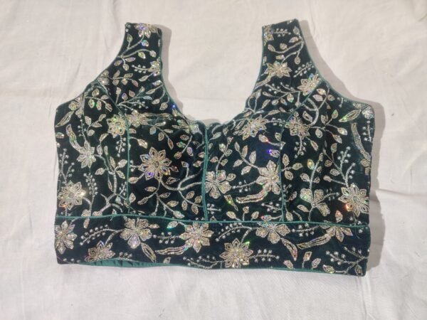 Green Shade Velvet Blouse with Sequins Embroidery with Optional Short Sleeves View 1