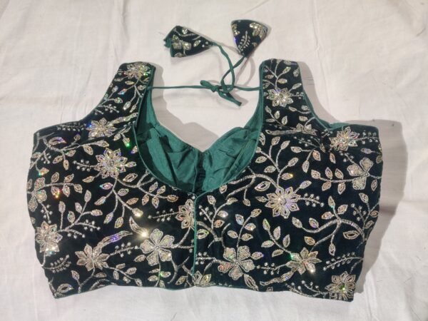 Green Shade Velvet Blouse with Sequins Embroidery with Optional Short Sleeves View 2