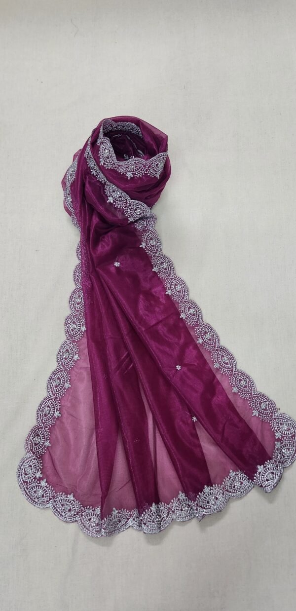 Silver Embroidered Pink Colored Net Dupatta View 2