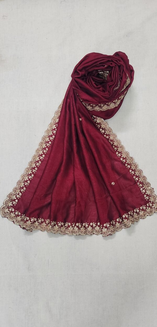 Gold Embroidered Maroon Colored Crepe silk Fancy Dupatta View 2