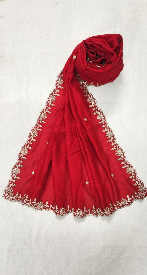 Gold Embroidered Red Shade Crepe Silk Fancy Dupatta View 1