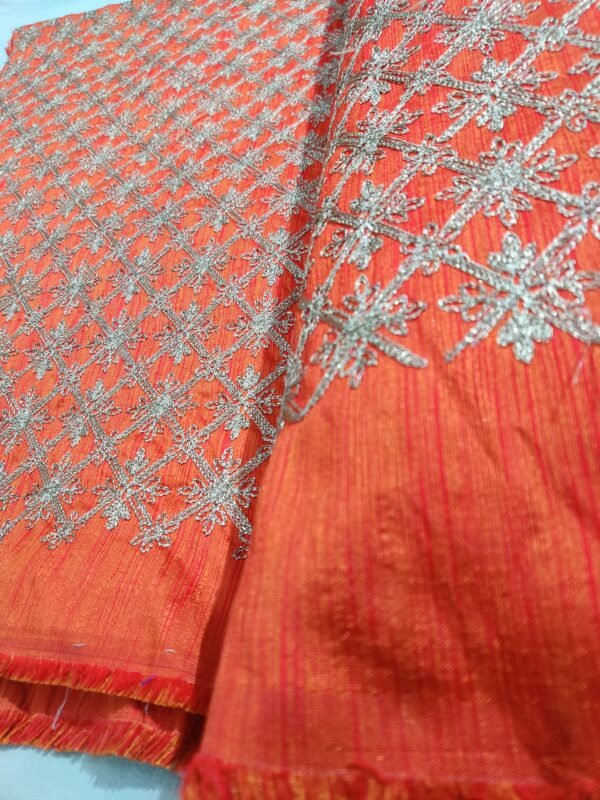 Orange Shade Semi Raw Silk Heavy Embroidery Unstitched Fabric View 1
