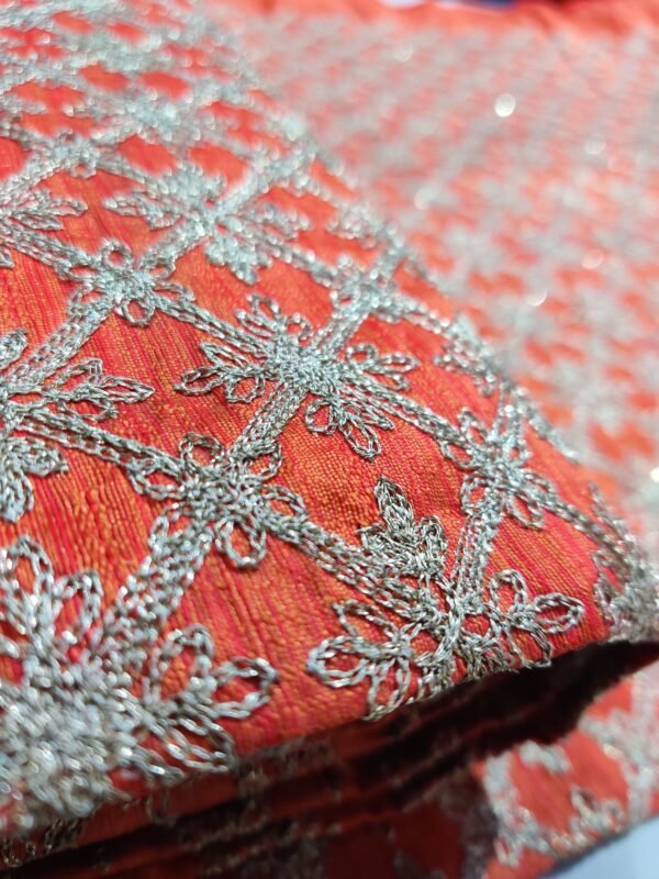 Orange Shade Semi Raw Silk Heavy Embroidery Unstitched Fabric View 4