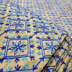 Semi Raw Silk Heavy Embroidery and Thread Work Unstitched Fabric with Blue and Sky Blue color View 1