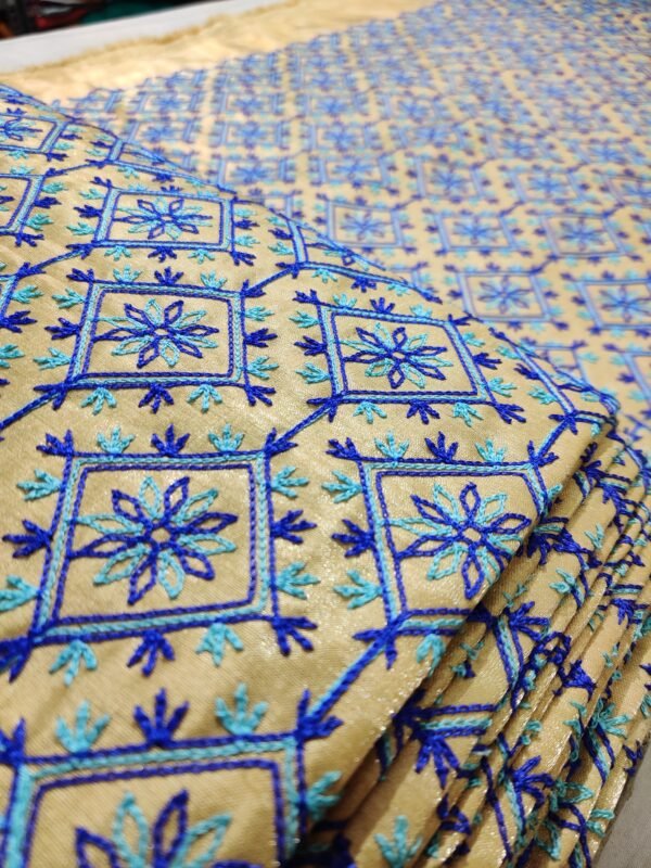 Semi Raw Silk Heavy Embroidery and Thread Work Unstitched Fabric with Blue and Sky Blue color View 1