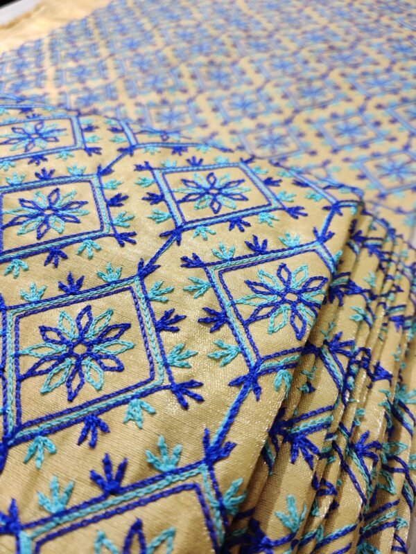 Semi Raw Silk Heavy Embroidery and Thread Work Unstitched Fabric with Blue and Sky Blue color View 2