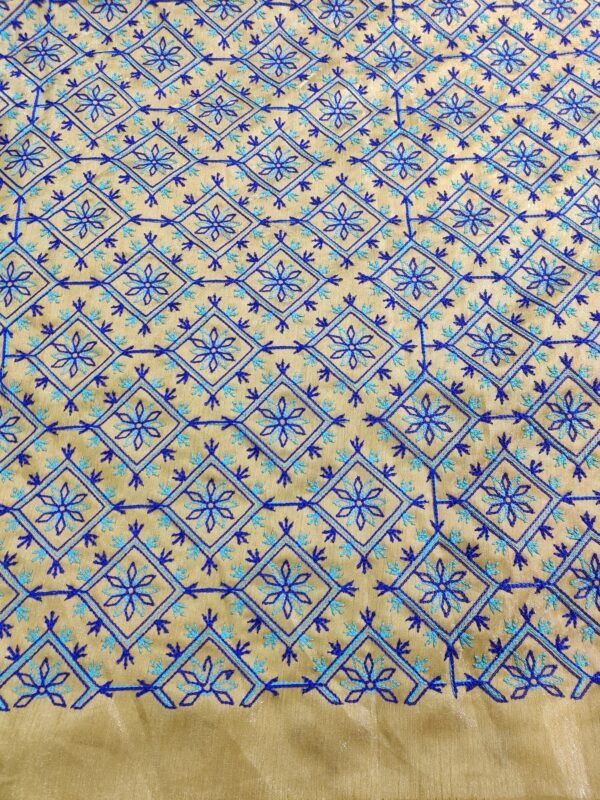 Semi Raw Silk Heavy Embroidery and Thread Work Unstitched Fabric with Blue and Sky Blue color View 3