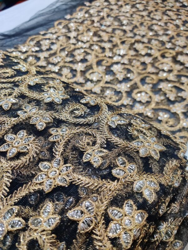 Black Colored Net Unstitched Fabric with Heavy Embroidery View 1