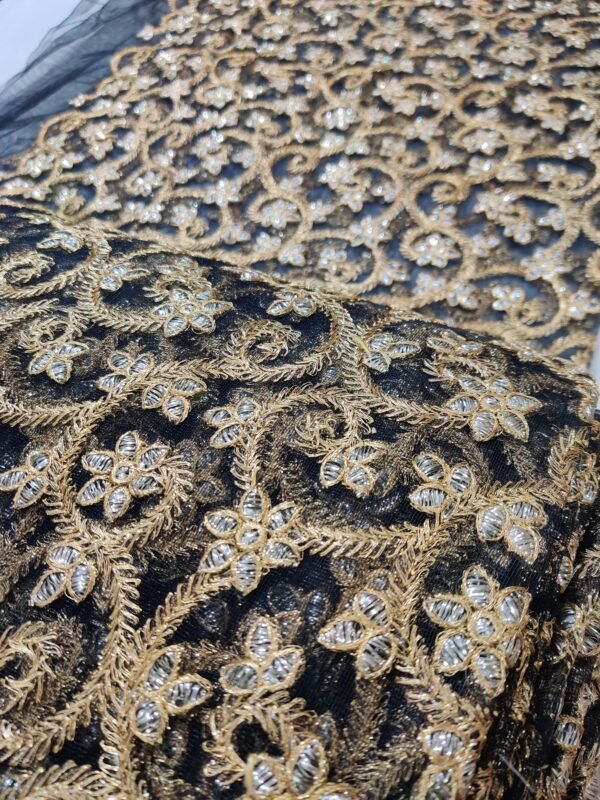 Black Colored Net Unstitched Fabric with Heavy Embroidery View 2