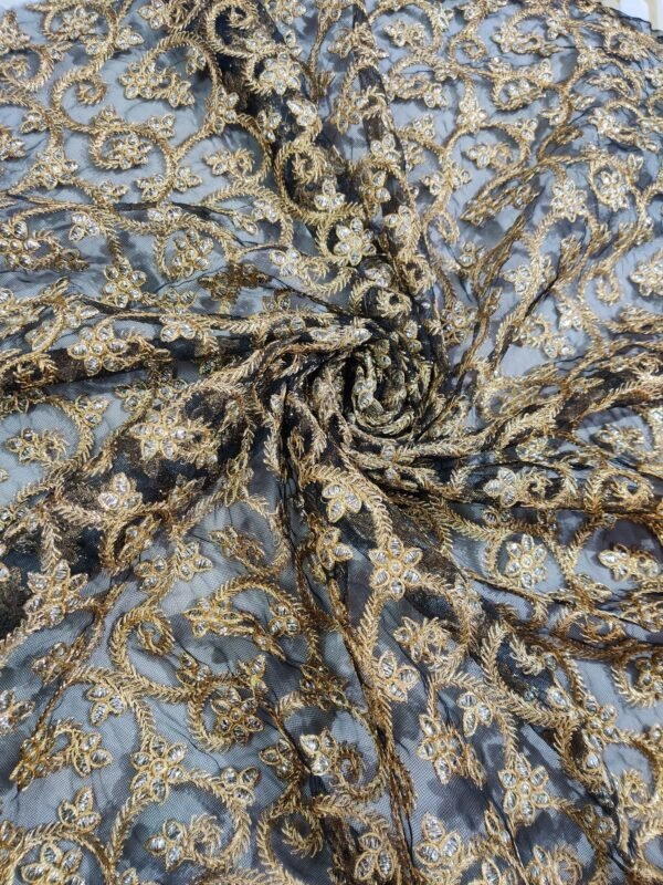 Black Colored Net Unstitched Fabric with Heavy Embroidery View 3